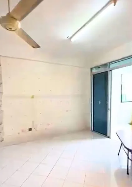Room features: white painted walls, tile flooring, ceiling fan, large sliding glass door, window, exposed concrete wall, fluorescent ceiling lights, dining table.
