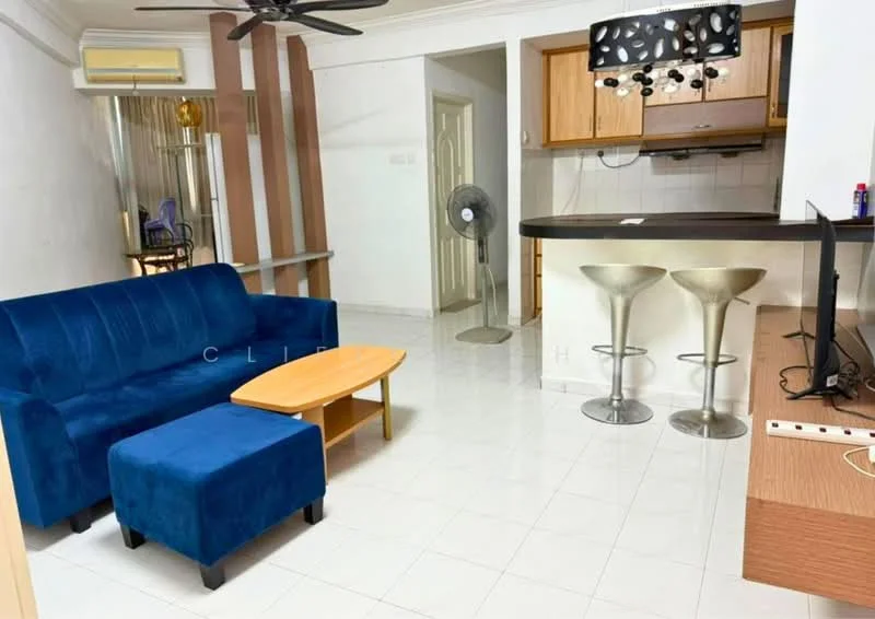 Living features: blue fabric sofa, coffee table with wooden top, bar stools with chrome base, TV console, wall-mounted TV, white tiled flooring, ceiling fan, wall-mounted air conditioning unit, open kitchen layout, wood cabinetry, countertop with bar area, decorative light fixture; style: modern.