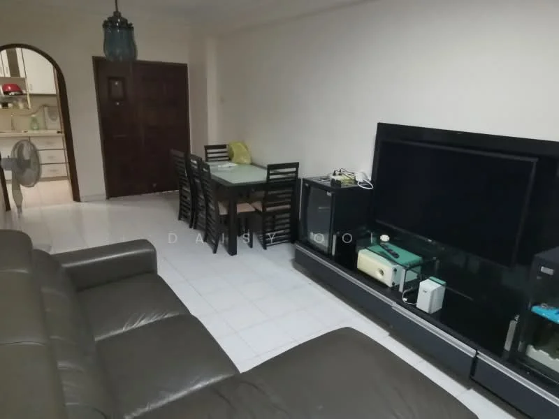Living features: 3-seater leather sofa in dark brown, coffee table, TV console, wall-mounted TV, area rug, white tiled flooring, recessed downlights, ceiling fan, decorative wall, open layout to dining area; style: modern. Dining features: 6-seater dining table, black dining chairs, white tiled flooring, open layout to living area; style: modern.