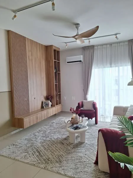 Living features: 5-blade ceiling fan with light, wood feature wall with vertical slats, white painted walls, large floor-to-ceiling window, sheer curtains, light grey area rug, white coffee table, red accent chair, white sofa with red cushions, built-in shelving unit, air conditioning unit; style: modern.