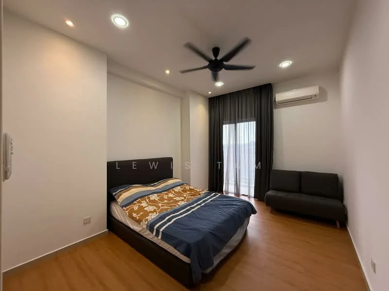 Bedroom features: queen-size bed with blue and white bedding, black upholstered headboard, 2-seater black sofa, floor-to-ceiling window with sheer curtains, wooden flooring, 5-blade ceiling fan with light, wall-mounted air conditioning unit, white painted walls, recessed downlights; style: modern.