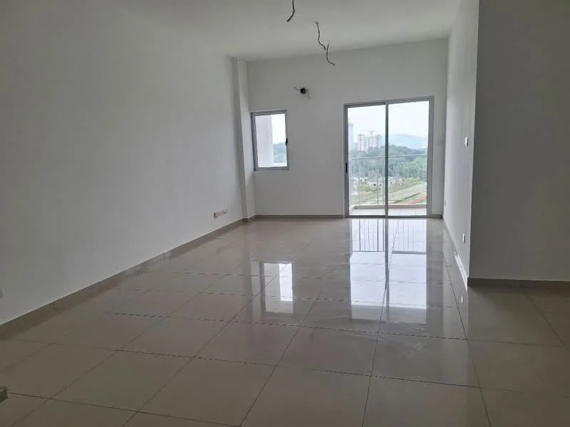 Living features: white painted walls, glossy ceramic tile flooring, floor-to-ceiling windows, sliding glass door, mountain view, natural light, no visible furniture, minimalist decor; style: modern; view: mountain.