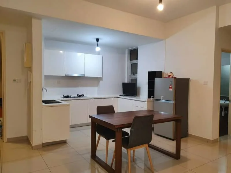 Kitchen features: white cabinetry, black countertop, stainless-steel sink, chrome pull-down faucet, built-in gas hob, built-in oven, stainless-steel fridge, black TV, dining table with wooden top, 4 dining chairs, pendant light, tile flooring, white walls, window with natural light; style: modern.