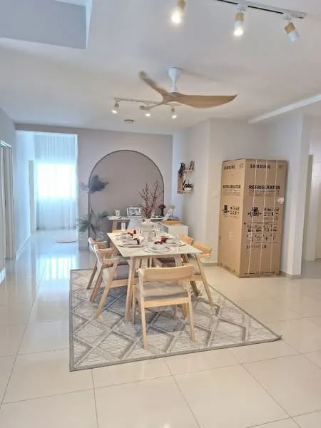 Dining features: dining table with six wooden chairs, ceiling fan, recessed downlights, large window with sheer curtains, light grey walls, white tiled flooring, decorative wall feature with circular design, area rug with geometric pattern, decorative plants, cardboard boxes in the corner; style: modern.