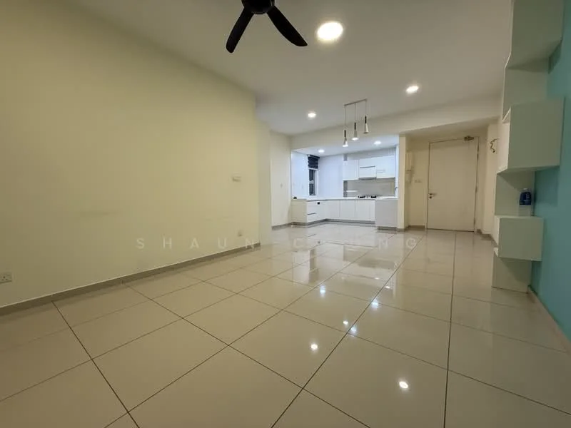 Living features: white painted walls, glossy ceramic tile flooring, 5-blade ceiling fan with light, recessed downlights, open layout to kitchen, neutral color scheme, no visible furniture, large space, floor-to-ceiling windows; style: modern. Kitchen features: white cabinetry, island counter, stainless-steel appliances, open layout, pendant lighting, neutral color scheme; style: modern.
