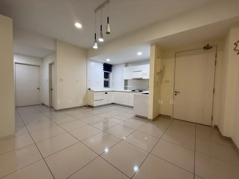 Living features: white painted walls, glossy ceramic tile flooring, recessed downlights, kitchen area with white cabinetry, black countertop, built-in oven, stainless-steel sink, single-bowl stainless-steel sink, chrome pull-down faucet, open layout, large window, door leading to hallway; style: modern.