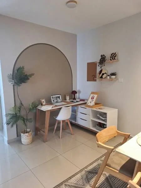 Study features: light grey painted walls, arched wall feature, white desk, wooden legs on desk, white chair, shelves with decorative items, potted plant, storage cabinet with drawers, ceramic pot, grey tiled flooring; style: modern.
