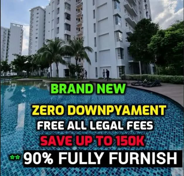 Exterior type: high-rise condominium; features: swimming pool with mosaic tiles, landscaped garden with palm trees, pool deck with loungers, modern architectural design, multiple storeys, surrounded by greenery; style: modern.