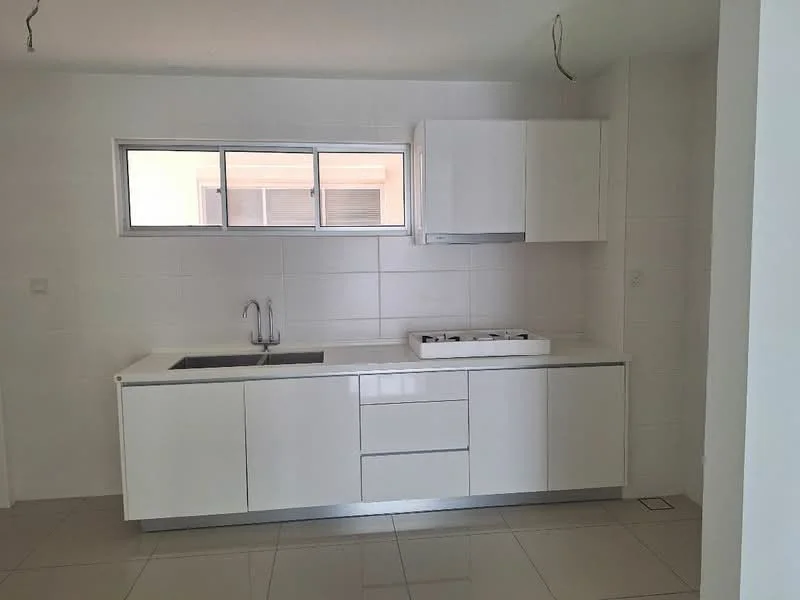 Kitchen features: white cabinetry, stainless-steel sink, chrome pull-down faucet, gas hob, white countertop, white tiled backsplash, floor-to-ceiling window, ceramic tile flooring, recessed downlights; style: modern.