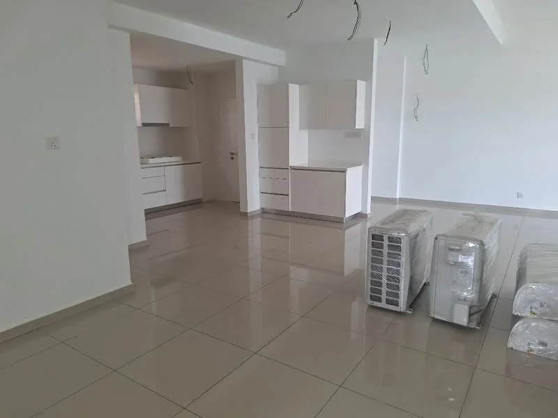 Room features: white painted walls, glossy beige tile flooring, kitchen cabinetry with flat-panel design, kitchen countertop with light color, built-in kitchen appliances, 2 wall-mounted split AC units, open layout, natural light from windows, minimalist design; style: modern.