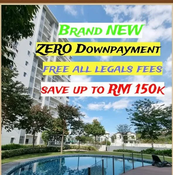 Exterior features: swimming pool, landscaped garden, manicured lawn, trees, multi-storey building, clear blue sky; style: modern.