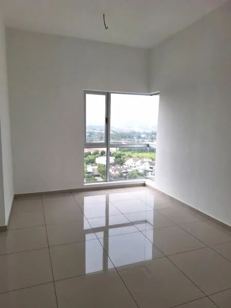Room features: white painted walls, glossy ceramic tile flooring, floor-to-ceiling windows, city view, natural light, no visible furniture, single light fixture, neutral color palette; style: modern; view: city.