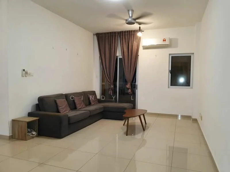 Living features: 3-seater fabric sofa in grey, wooden side table, round coffee table, floor-to-ceiling window, curtains in dark brown, wall-mounted air conditioning unit, recessed downlights, polished ceramic tile flooring, ceiling fan with light; style: modern.