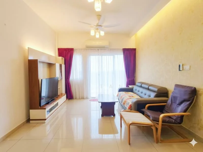 Living features: cream painted walls, white ceiling with recessed lighting, 5-blade ceiling fan with light, floor-to-ceiling windows with sheer curtains, grey leather sofa, wooden coffee table, TV console with built-in storage, wall-mounted TV, purple curtains, area rug, wooden armchair; style: modern; view: city.