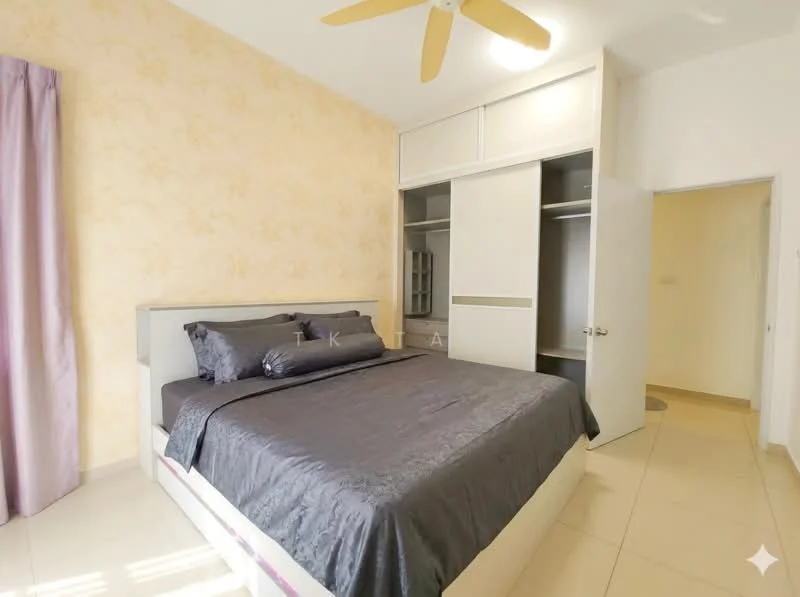 Bedroom features: queen-size bed with grey bedding, upholstered headboard, built-in wardrobe with sliding doors, light-colored walls with a textured finish, cream tiled flooring, ceiling fan, purple curtains, nightstand with lamp; style: modern.