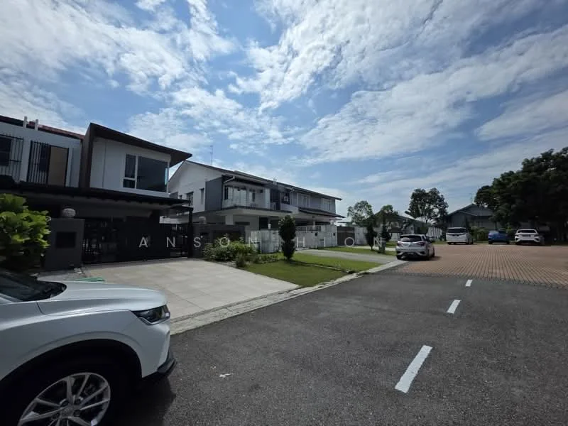 Exterior type: linked terrace house; features: white painted facade, two-storey building, manicured lawn, paved walkway, driveway with interlocking pavers, surrounded by greenery, parking spaces visible, cloudy sky, urban context; style: modern.