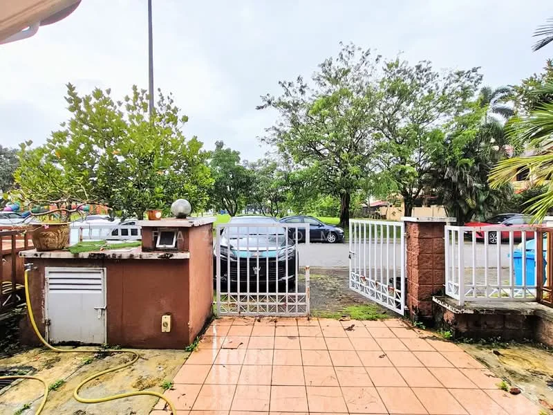 Exterior type: linked terrace house; features: gated entrance, paved walkway, manicured garden, mature trees, open parking area, surrounded by greenery; style: modern.