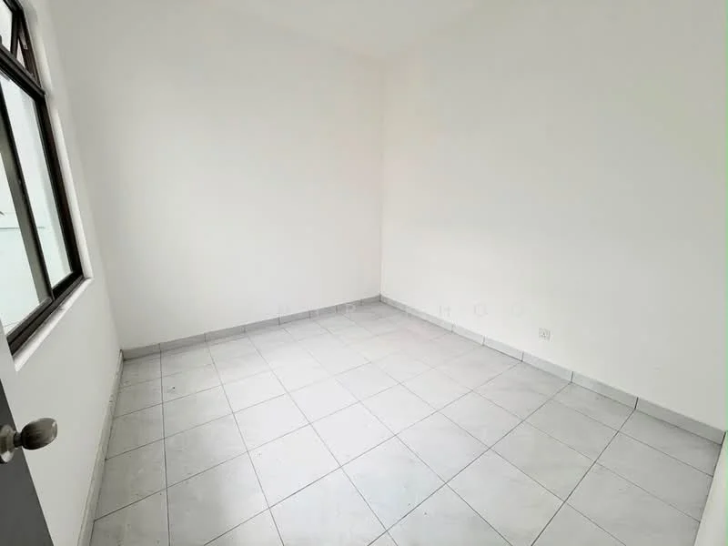 Room features: white painted walls, grey tiled flooring, single window, no visible furniture, neutral decor, corner room, no ceiling features, no visible lighting fixtures; style: minimalist.