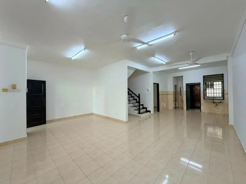 Living features: cream tiled flooring, white painted walls, recessed downlights, 5-blade ceiling fan, staircase with wooden railing, large window with black grille, doorway leading to other rooms, open layout; style: modern.