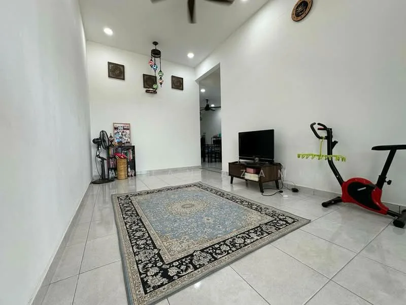 Living features: white painted walls, glossy ceramic tile flooring, recessed downlights, 5-blade ceiling fan, area rug with intricate pattern, wall-mounted TV, small wooden coffee table, exercise bike, decorative wall hangings, standing fan; style: modern.