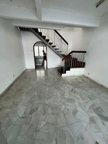 Room features: marble flooring, white painted walls, staircase with metal railing, arched doorway, large window, high ceiling, open layout, natural light; style: modern.
