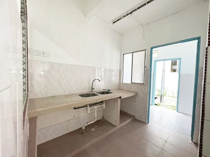Kitchen features: single-bowl stainless-steel sink, chrome faucet, white tiled backsplash, light grey countertop, open shelving, white walls, tile flooring, window for natural light, door leading outside; style: minimalist; view: garden.