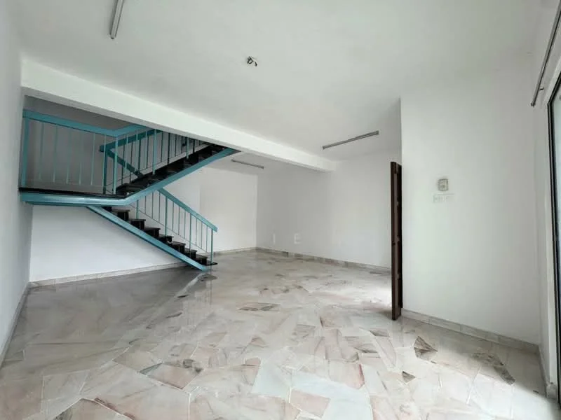 Room features: white painted walls, marble tile flooring, staircase with wooden steps and metal railing, ceiling lights, large windows with sliding door, open layout, no visible furniture, neutral color scheme; style: modern.