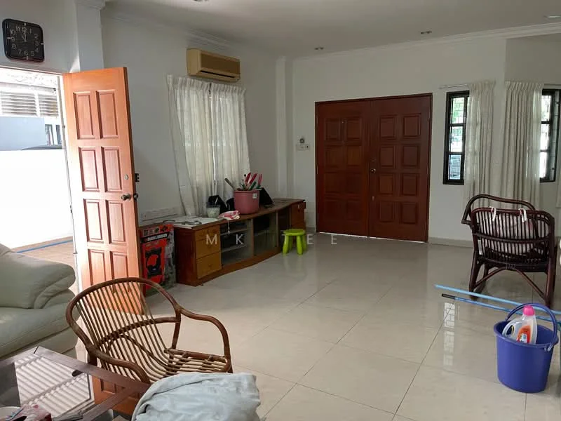 Living features: cream painted walls, white ceiling with crown moulding, marble tile flooring, 2-seater fabric sofa in cream, wooden coffee table, TV console, wall-mounted TV, 2 rattan chairs, floor-to-ceiling windows with sheer curtains, 1 wall-mounted split AC, decorative wall clock, open shelving unit, light-colored wooden door, double-door main entrance; style: modern.