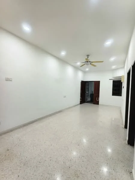 Room features: white painted walls, polished concrete flooring, recessed LED downlights, 5-blade ceiling fan, double-door entrance, large window, neutral color scheme; style: modern.