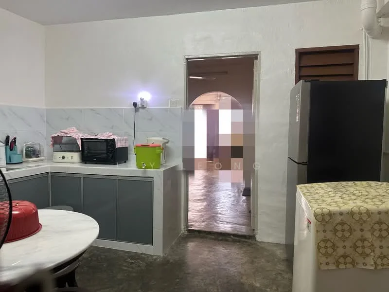 Kitchen features: white painted walls, grey laminate cabinetry, marble-patterned backsplash, round dining table, 2 chairs, microwave, black fridge, sink, countertop, exposed concrete flooring; style: modern. Room features: arched doorway, plain walls, concrete flooring.