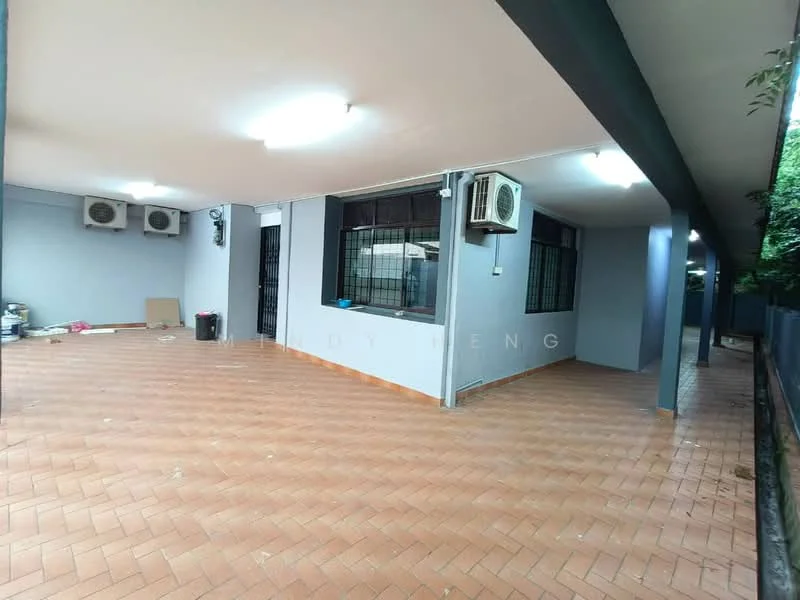 Room features: grey painted walls, terracotta tile flooring, 2 wall-mounted split AC units, large windows with black metal grills, recessed ceiling lights, open space layout, corner area with potential for furniture placement; style: modern.