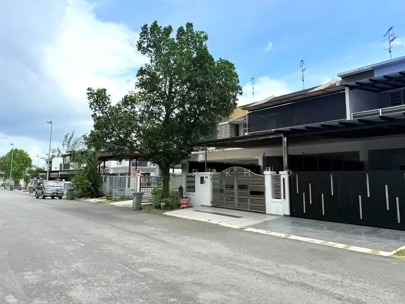 Exterior type: linked terrace house; features: two-storey linked terrace houses, black painted facade, white painted facade, car porch with awning, manicured lawn, paved walkway, street lighting, surrounded by greenery, driveway with interlocking pavers; style: modern.