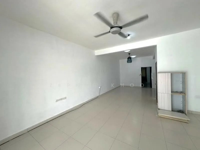 Living features: white painted walls, tile flooring, 5-blade ceiling fan with light, recessed downlights, hanging pendant light, open layout, built-in shelving unit, large open space; style: modern.
