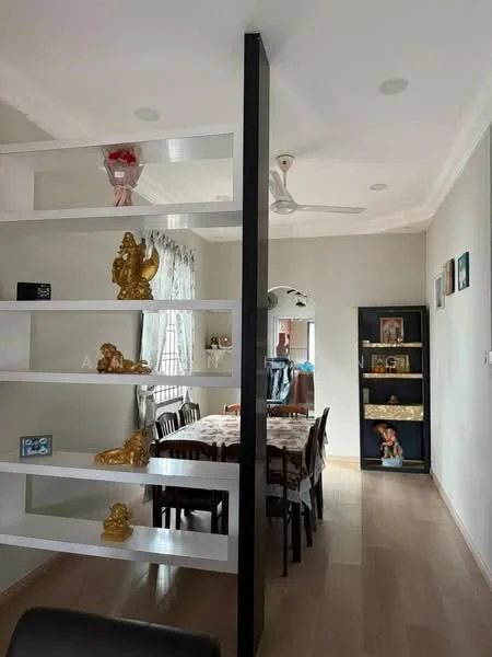 Dining features: wooden dining table, six dining chairs, decorative wall shelf, golden figurines on shelf, light-colored walls, laminate flooring, ceiling fan, window with sheer curtains, decorative wall art, black display cabinet; style: modern. Room features: light-colored walls, laminate flooring, ceiling fan.