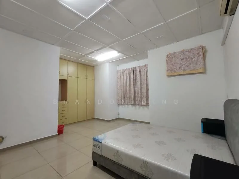 Bedroom features: white painted walls, tile flooring, ceiling with recessed lighting, window with sheer curtains, built-in wardrobe with yellow cabinetry, single bed with mattress, decorative wall panel, air conditioning unit.