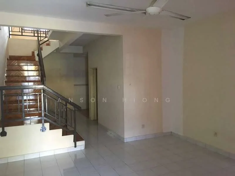 Living features: white painted walls, ceramic tile flooring, 5-blade ceiling fan, staircase with metal railing, large window, neutral color scheme, open layout, doorway leading to another room; style: minimalist.