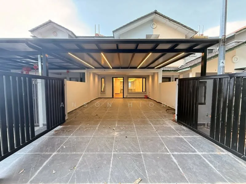 Exterior type: linked terrace house; features: covered car porch, black wooden fence, grey tiled flooring, recessed lighting in ceiling, white painted walls, two-storey building, gated entry, surrounded by residential buildings; style: modern.