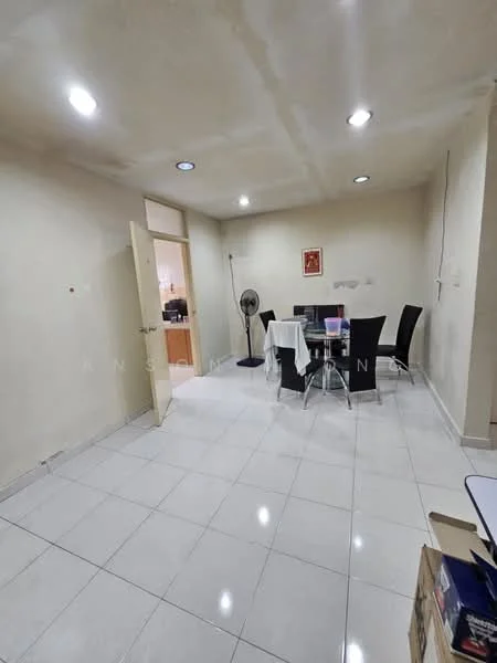 Dining features: white painted walls, tile flooring, recessed downlights, dining table with 6 black chairs, standing fan, open doorway, light-colored ceiling, no visible decor. Room features: white painted walls, tile flooring, open doorway leading to another room, no visible decor.