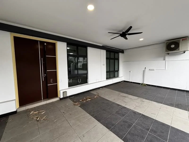 Room features: ceiling fan, wall-mounted split AC, grey tiled flooring, white painted walls, large windows, double-door entrance, light fixtures, exposed electrical outlets; style: modern.