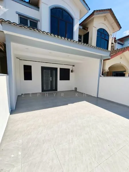 Exterior type: detached bungalow; features: white painted facade, flat roof, large arched windows, grey tiled roof, paved driveway, manicured lawn, surrounded by walls, outdoor lighting, single main entrance, modern architectural design; style: modern.