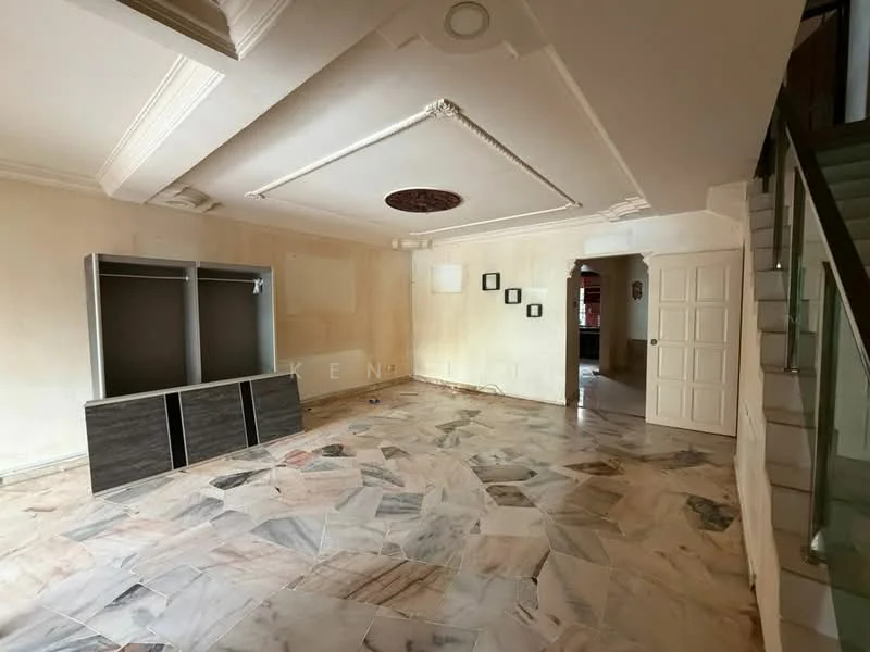 Living features: marble flooring, white painted walls, tray ceiling, ceiling rose, built-in cabinetry, large windows, open layout, staircase leading to upper floor.