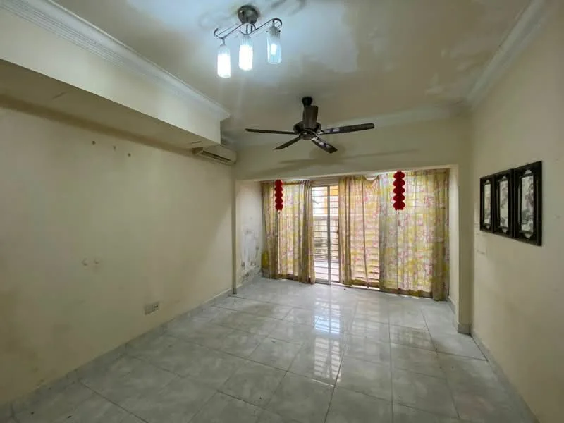 Living features: white painted walls, marble tile flooring, 5-blade ceiling fan, recessed downlights, floor-to-ceiling windows, sheer curtains, decorative wall art, hanging red lanterns.