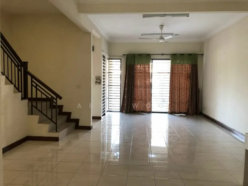 Living features: white painted walls, glossy ceramic tile flooring, 5-blade ceiling fan, large windows with sheer curtains, brown patterned curtains, staircase with wooden railing, recessed ceiling lights, open layout; style: modern.