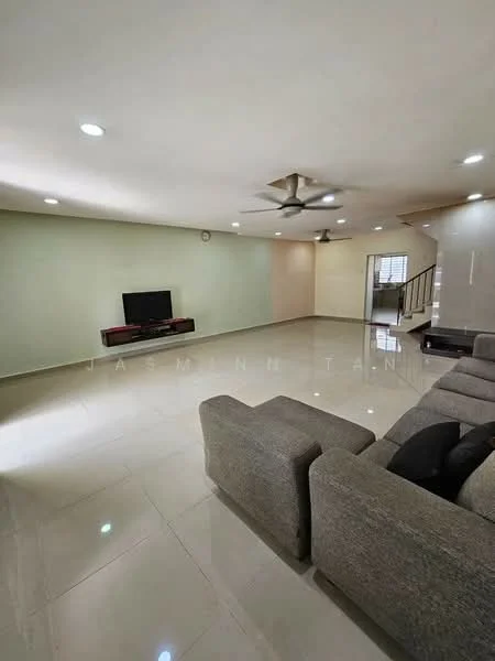 Living features: light-colored painted walls, glossy ceramic tile flooring, 5-blade ceiling fan with light, wall-mounted TV, sofa in grey fabric, coffee table, recessed LED downlights, large windows, open space layout; style: modern.