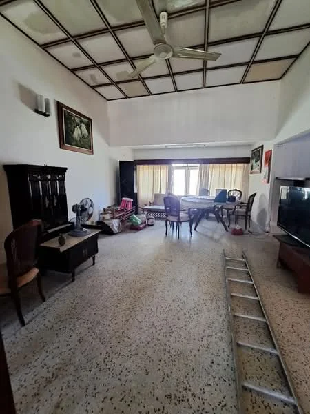 Living features: ceiling fan, wooden furniture, dining table, sofa, television, floor-to-ceiling windows, curtains, decorative artwork, exposed ceiling beams, terrazzo flooring; style: traditional.