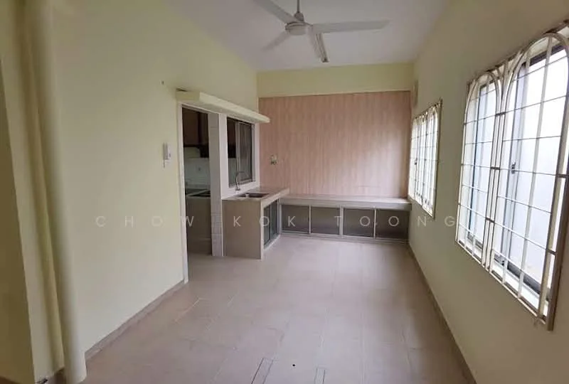 Room features: light yellow painted walls, cream tiled flooring, ceiling fan, large windows with metal grilles, built-in cabinetry, kitchen counter, open layout, natural light from windows; style: modern.