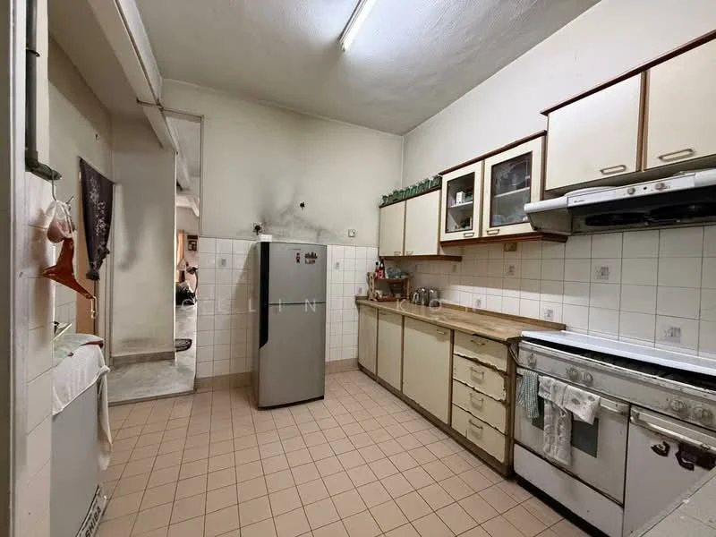 Kitchen features: stainless-steel fridge, freestanding gas range oven, double-basin stainless-steel sink, wooden countertop, white cabinetry with handles, tile backsplash, cream tiled flooring, wall-mounted shelves, window above sink, light fixture on ceiling; style: traditional.