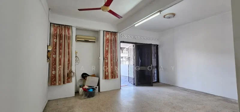 Living features: cream painted walls, concrete flooring, 5-blade ceiling fan with light, wall-mounted split AC, curtains with floral pattern, sliding glass door, door leading to outdoor area, decorative ceiling light.