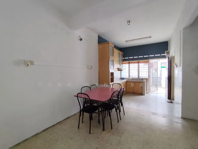Dining features: white painted walls, tile flooring, dining table with pink surface, black metal chairs, built-in cabinetry, window with security grille, light fixture on ceiling, open layout to kitchen. Kitchen features: built-in cabinets, countertop, window with security grille, tile flooring.