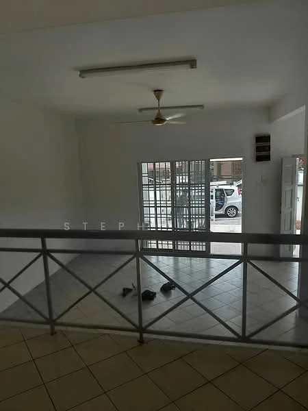 Room features: white painted walls, tile flooring, ceiling fan, sliding glass door, grill gate, window with grille, open layout, natural light from windows, balcony railing; style: modern; view: street.